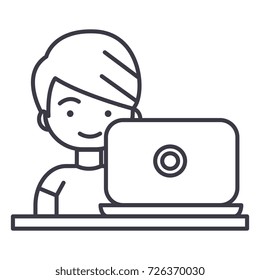 boy working on laptop vector line icon, sign, illustration on background, editable strokes