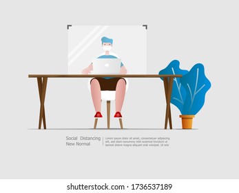 boy working with partition social distancing quarantine to outbreak and protect virus spread  vector illustration flat design