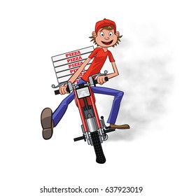 Boy working the pizza delivery. Riding on red motorbike for carries rush order. Fast delivery concept. Front view cartoon style. Vector illustration