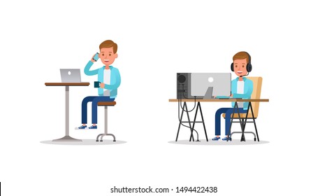 The boy working and playing game on computer character vector design.