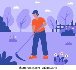 boy is working with scythe in the garden vector illustration in flat style