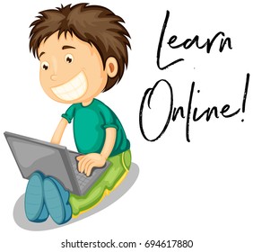 Boy works on computer and phrase learn online illustration