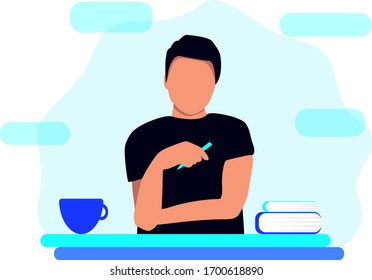El niño trabaja en la mesa en casa. Trabajo remoto. Ilustración vectorial que muestra a un empleado independiente o remoto.