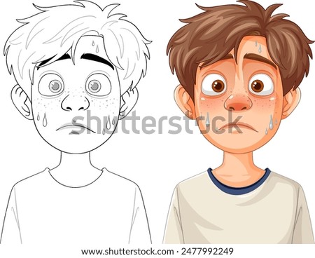A boy with a worried expression and sweat drops