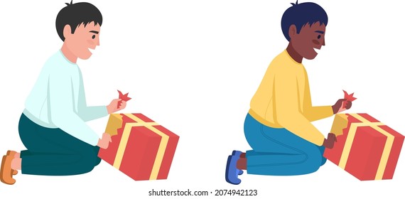 Boy with wrapped gift semi flat color vector character set. Posing figures. Full body people on white. Christmas isolated modern cartoon style illustration for graphic design and animation bundle