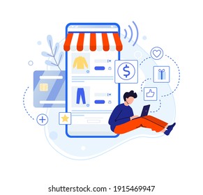 Boy write review about purchase in internet shop. Vector customer internet read feedback and survey purchase, write review shopping online illustration