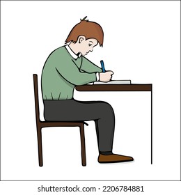Boy writes. Hand-drawn doodle of schoolboy writing in a textbook. Vector, editable, isolated on white. Colored Doodle illustration.