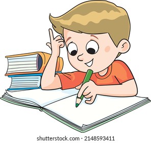 Boy Writes Homework School Surrounded By Stock Vector (Royalty Free ...