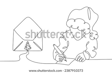 A boy writes a letter to Santa Claus. Day of Ordering Gifts to Santa Claus. Santa's List Day. One line drawing for different uses. Vector illustration.