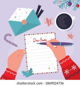 Boy writes letter with wishes for Father Christmas. Paraphernalia Christmas on background. Child hand with pen writes message to Santa Claus. Gifts wish list concept. Top view.Flat vector illustration