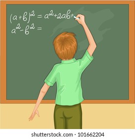 Boy writes on blackboard. Vector image of a boy in classroom. The boy solves mathematical exercises on blackboard.