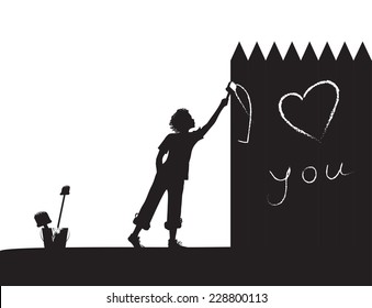 boy writes on the fence "I love you", shadows, vector black and white,