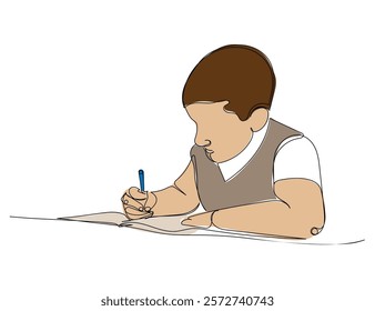 boy writes on a piece of paper, draws, schoolboy one line color art. Continuous line drawing of online learning, knowledge, cognition, school, kindergarten, education.