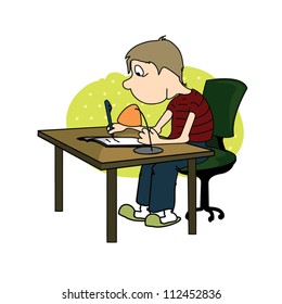 Boy writes with a pen sitting at table
