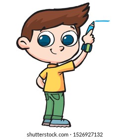 boy writing across the surface with blue pencil