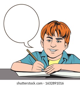 A boy writing a book. Pop art  retro vector illustration comic on a white background