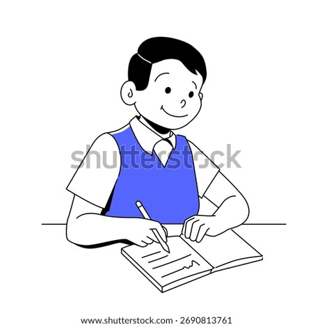 A Boy Writing - Colorful Flat Design Illustration