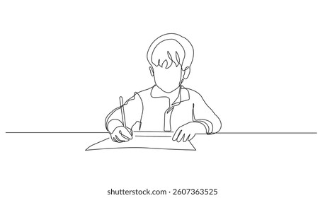 Boy Writing Continuous Line Drawing. Education School Concept One Line Drawing. Writer Boy Minimalist Illustration. Vector. Not AI