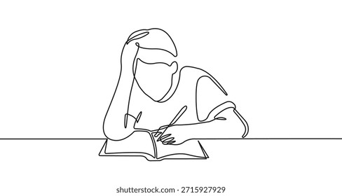 Junge, der fortlaufende Linien zeichnet. Lernprozess Einzeiliges Zeichnen. Student Minimalist eine Zeile Vektorgrafik. Keine AI