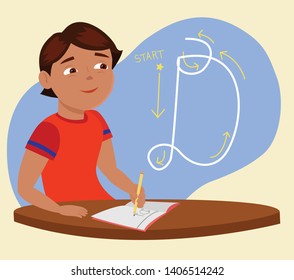 Boy writing at a desk. He practices writing cursive letters at a tutoring school. Suitable for use in school materials, tutoring, ESL, education, learning disorders, English, arts, teaching, cartoon