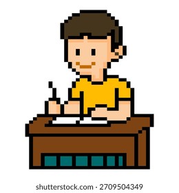 Niño escribiendo en el escritorio Pixel Art Illustration