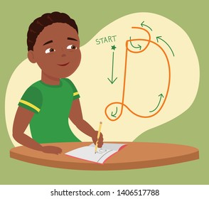 Boy writing at a desk, practicing cursive letters at tutoring school holding pencil. Suitable for use in school materials, tutoring, ESL, education, learning disorders, English, arts, teaching.