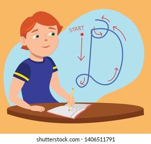 Boy writing at desk and practicing how to write cursive letters at a tutoring school. Suitable for use in school materials, tutoring, ESL, education, learning disorders, English, arts, teaching, child