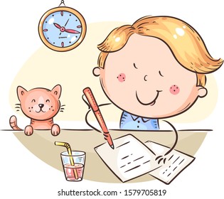 Boy writing a letter or making homework at the desk, colorful vector illustration
