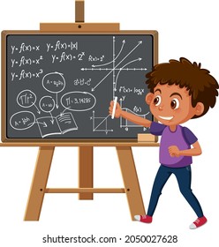 Junge, die Mathematik-Formel auf der Tafelgrafik schreiben