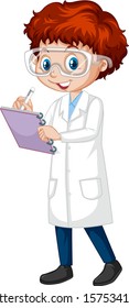 Niño escribiendo una nota sobre la ilustración de fondo blanco
