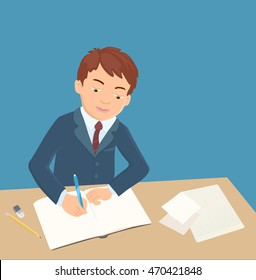 boy writing in notebook. cartoon school or office theme illustration. vector