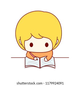 The boy is writing on his notebook.