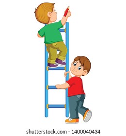  the boy is writing on the ladder and his friend are holding it