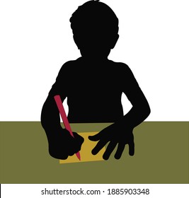 a boy writing on paper , head silhouette vector