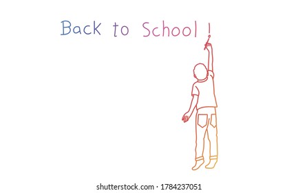 Boy writing on the wall "Back to School". Rainbow colours in linear vector illustration. 