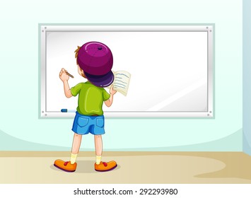 Boy writing on whiteboard inside the room