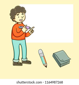 Boy writing on whiteboard. Vector illustration.