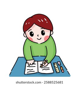 Boy Writing Paper essay smiling