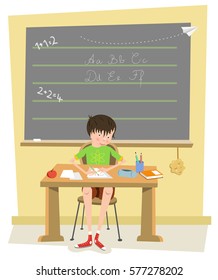 Boy writing at school desk in class, board with letters and numbers in background (vector illustration)
