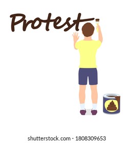 A boy is writing the word “protest” on the wall with shit. The boy is showing his attitude to the world around him, symbolizing protest and disagreement.