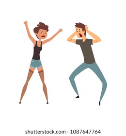 Boy yelling at his girlfriend, aggressive and violent behavior vector Illustration on a white background