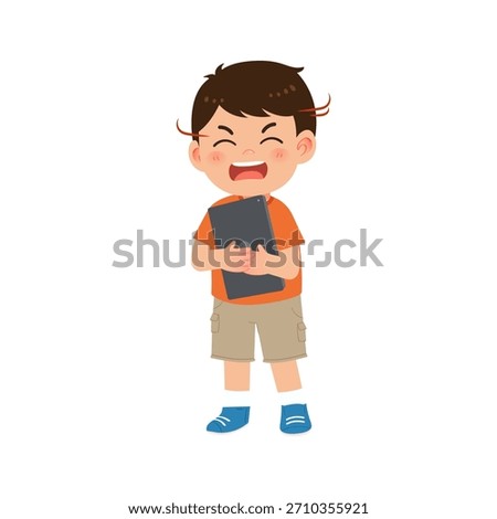boy yelling while hugging tablet tightly to avoid losing screen-time privilege
