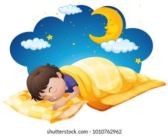 Niño en cama amarilla, ilustración nocturna