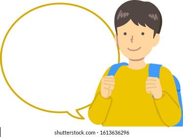 A boy in yellow clothes carrying a backpack