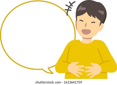 A boy in yellow clothes holding his belly and laughing