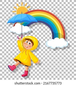 A boy in yellow raincoat with umbrell grid background illustration