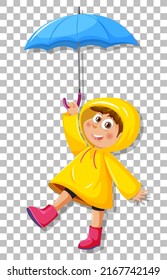 A boy in yellow raincoat with umbrell grid background illustration