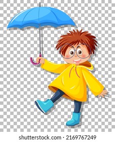 A boy in yellow raincoat with umbrell grid background illustration