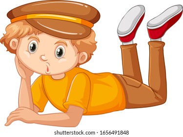 Boy in yellow shirt laying down on white background illustration