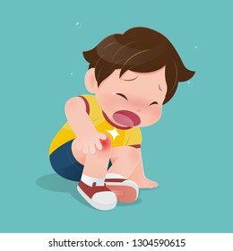 The Boy In Yellow Shirt Suffering From Pain In Knee, Illustration Of Child Have Accident Slipping On The Floor, Sad Kid Having Bruises On His Knee